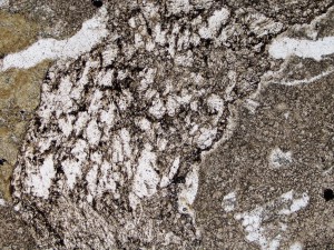 Vein of gypsum cutting older quartz vein in quartz-clay altered rhyolite. Plane polarised light, field of view = 3.0 mm.