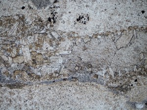 Tabular laumontite crystals are intergrown with coarse calcite in this 1 mm wide vein, which cuts across a quartz-rich altered rock. Plane polarised light, field of view = 1.2 mm.